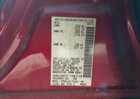 2015 Nissan Altima 2.5 S z USA, uszkodzony, nr VIN 1N4AL3AP1FC598718